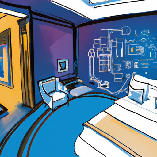 איור של חדר מלון עתידני חכם הכולל מערכות אוטומטיות.